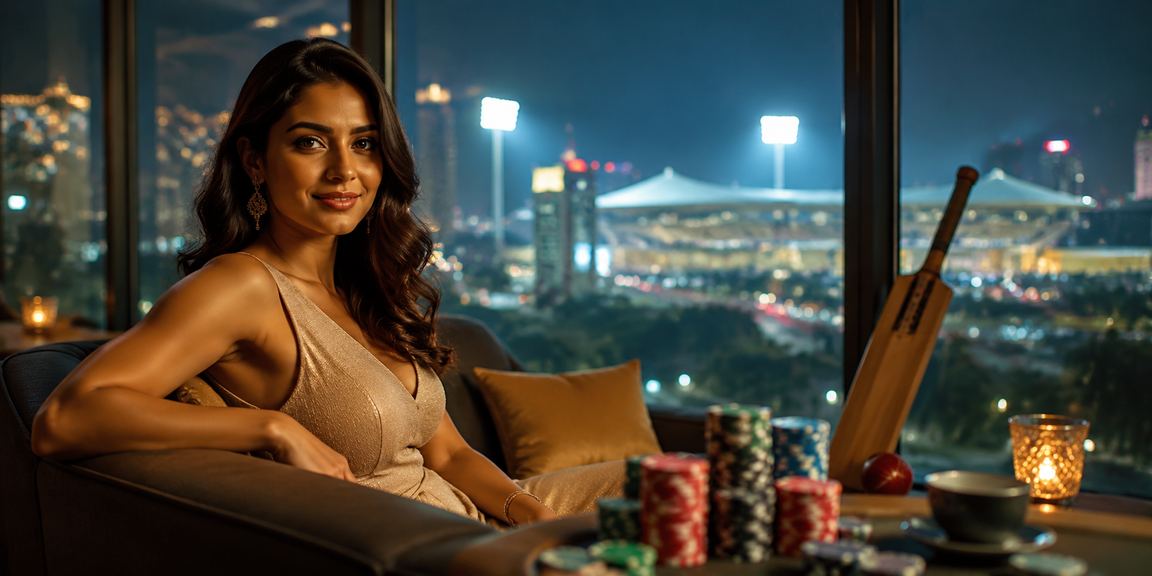 Delhi street with cricket betting and neon lights at night